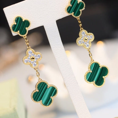 [Lunabriance]CLOVER EARRINGS GOLD MALACHITE DIAMOND 3 MOTIF