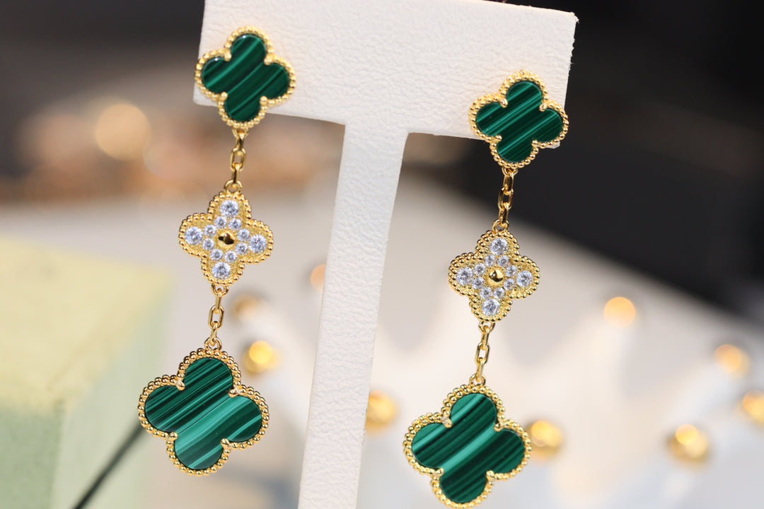 [Lunabriance]CLOVER EARRINGS GOLD MALACHITE DIAMOND 3 MOTIF