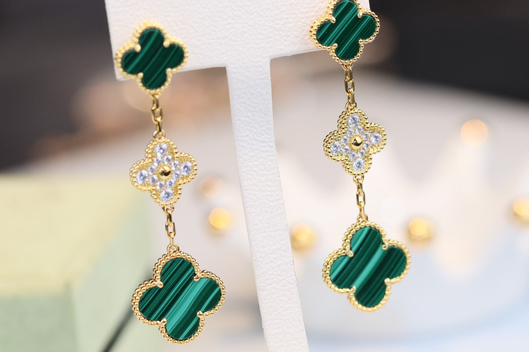 [Lunabriance]CLOVER EARRINGS GOLD MALACHITE DIAMOND 3 MOTIF