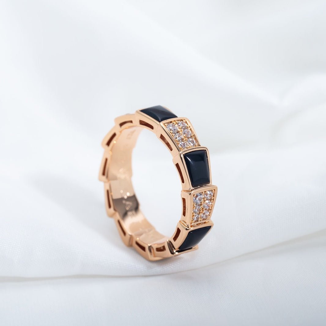 [Luna Brilliance]SERPENTI RING PINK GOLD BLACK MOP DIAMOND PAVED 4MM