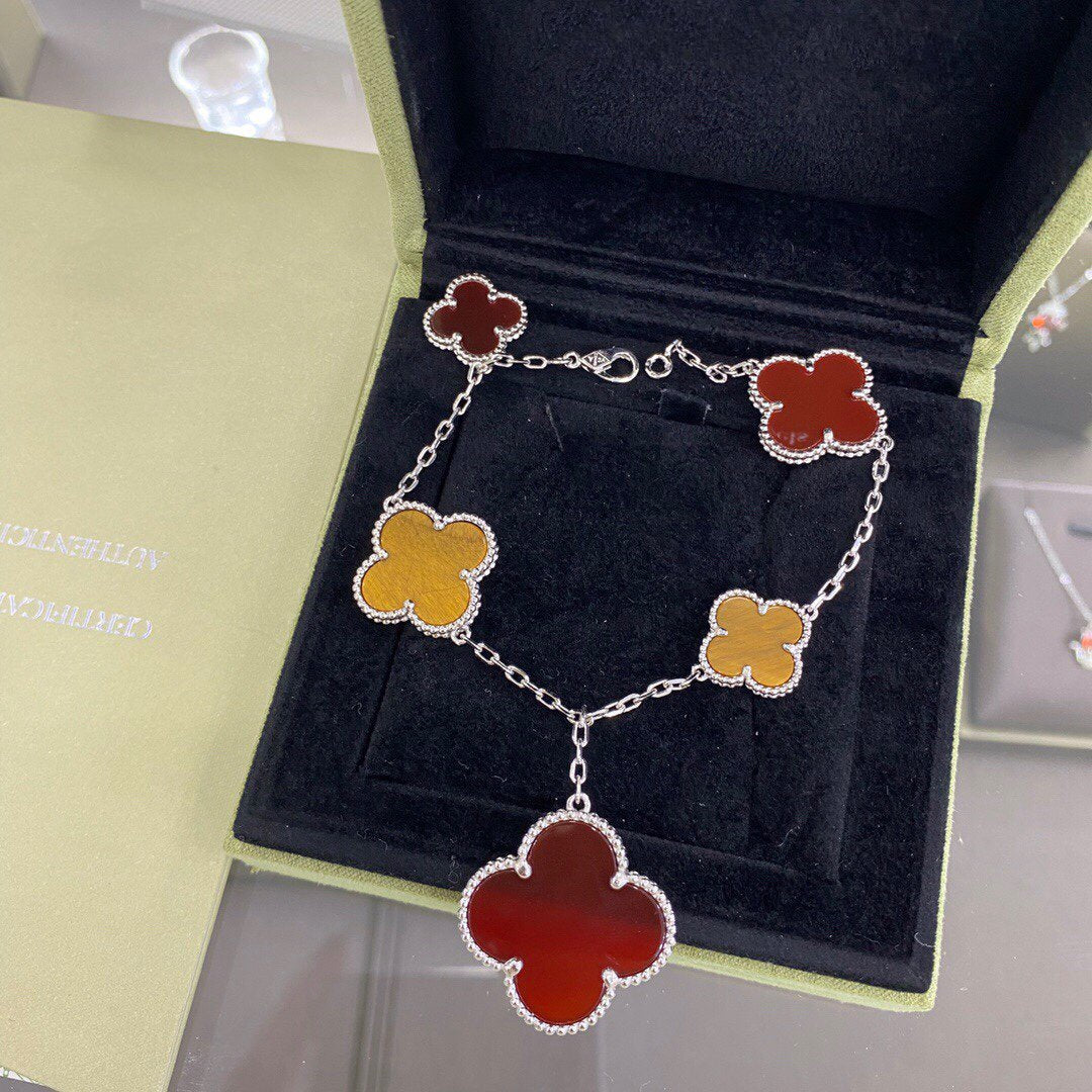 [Lunabriance]CLOVER 5 MOTIFS SIVLER CARNELIAN TIGER EYE BRACELET