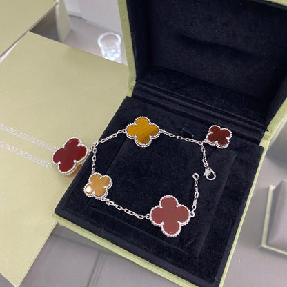 [Lunabriance]CLOVER 5 MOTIFS SIVLER CARNELIAN TIGER EYE BRACELET