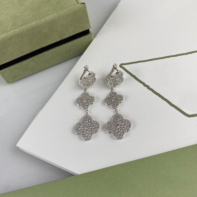 [Lunabriance]CLOVER 3 MOTIF DIAMOND SILVER DROP EARRINGS