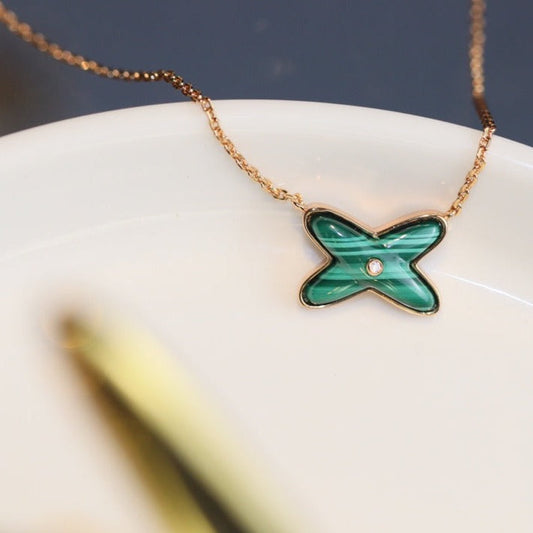 [Lunabriance]JEUX MALACHITE 1 DIAMOND PINK GOLD NECKLACE