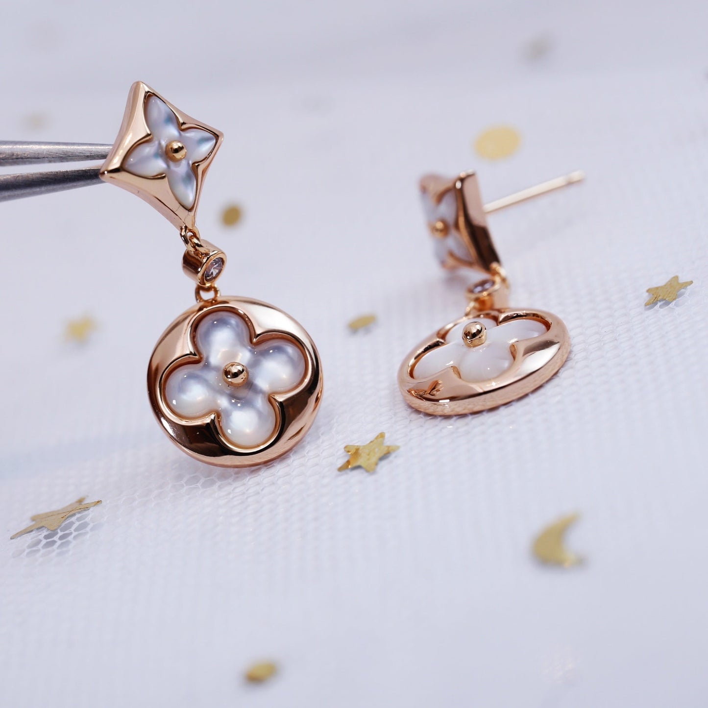 [Lunabriance]STAR AND SUN PINK GOLD MOP DROP EARRINGS