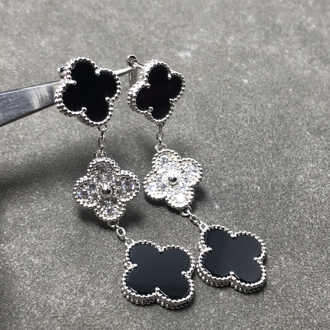 [Lunabriance]CLOVER 3 MOTIF DIAMOND ONYX SILVER EARRINGS