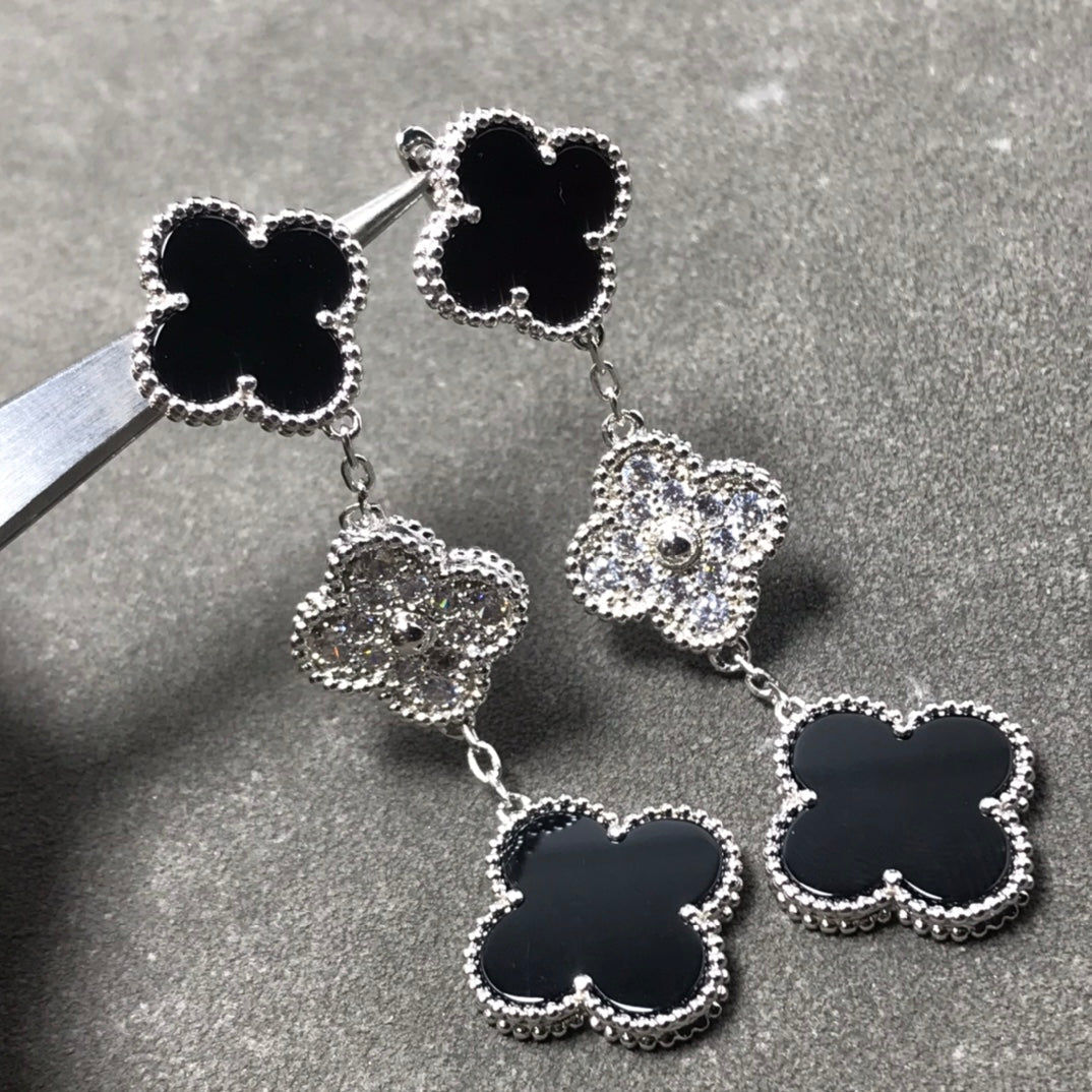 [Lunabriance]CLOVER 3 MOTIF DIAMOND ONYX SILVER EARRINGS