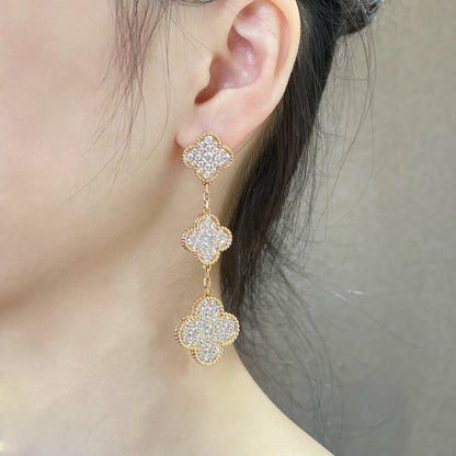 [Lunabriance]CLOVER 3 MOTIFS DIAMOND PAVED ROSE GOLD EARRINGS