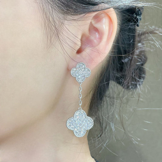 [Lunabriance]CLOVER 2 MOTIFS DIAMOND PAVED SILVER EARRINGS