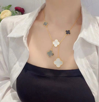 [Lunabriance]CLOVER 6 MOTIF MOP ONYX GOLD NECKLACE