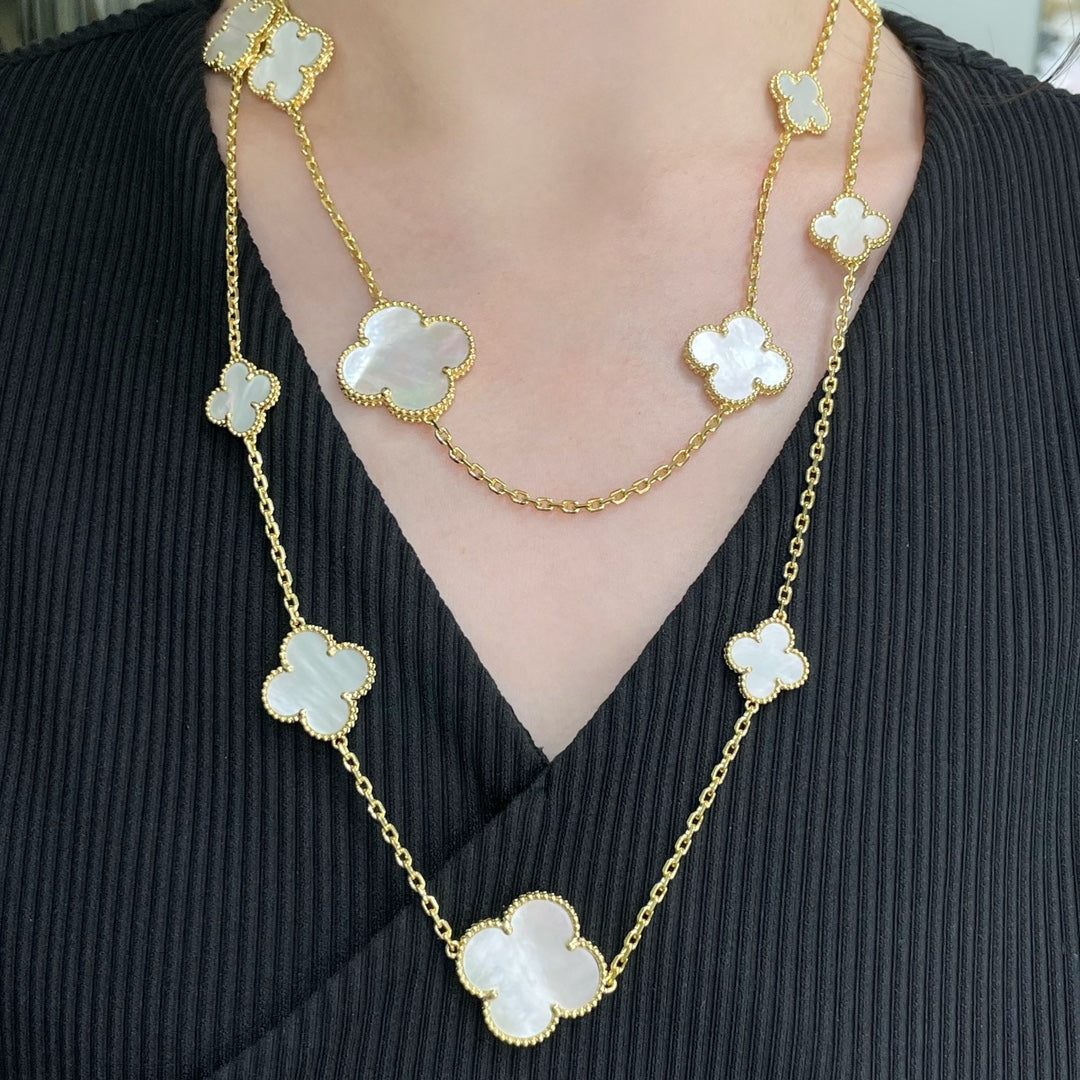 [Lunabriance]CLOVER 16 MOTIF WHITE MOP GOLD NECKLACE