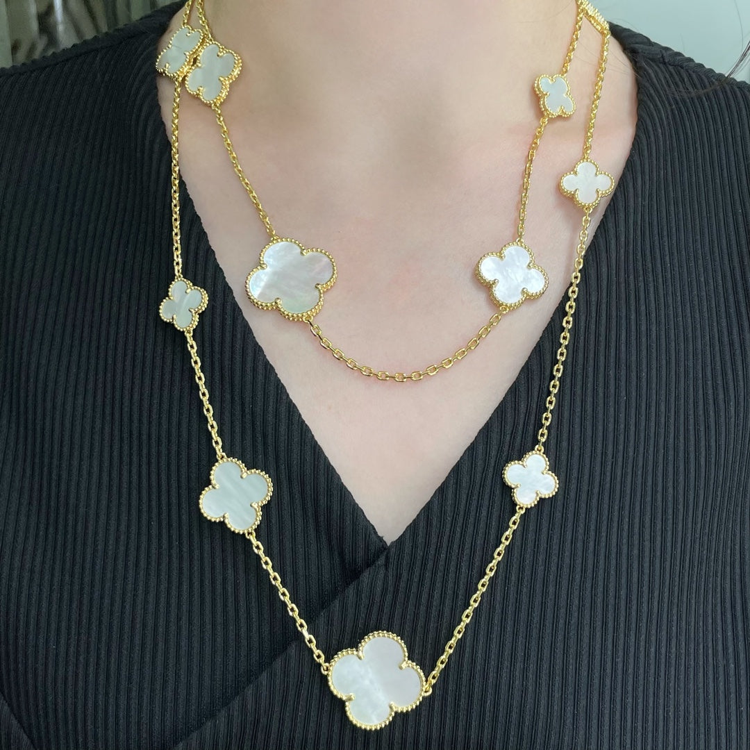 [Lunabriance]CLOVER 16 MOTIF WHITE MOP GOLD NECKLACE