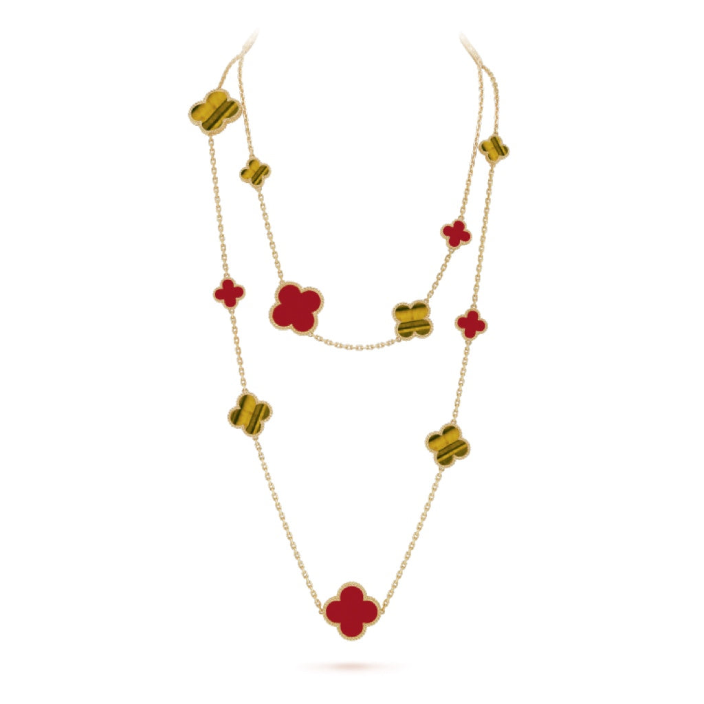 [Luna Brilliance]CLOVER 16 MOTIF CARNELIAN TIGER EYE ROSE GOLD NECKLACE