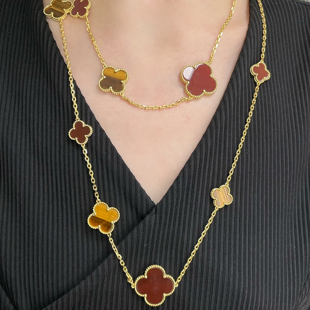 [Lunabriance]CLOVER 16 MOTIF CARNELIAN TIGER EYE ROSE GOLD NECKLACE