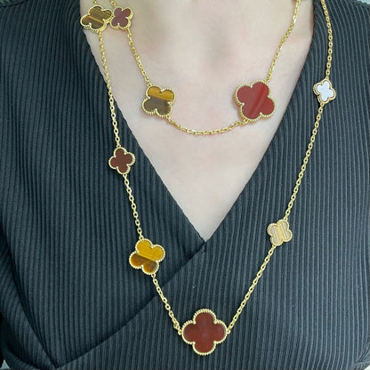 [Lunabriance]CLOVER 16 MOTIF CARNELIAN TIGER EYE ROSE GOLD NECKLACE