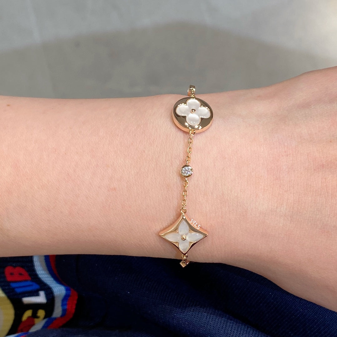 [Lunabriance]STAR AND SUN 4 MOTIF WHITE MOP PINK GOLD BRACELET