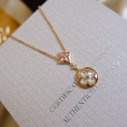 [Lunabriance]STAR AND SUN WHITE MOP 2 MOTIF PINK GOLD NECKLACE