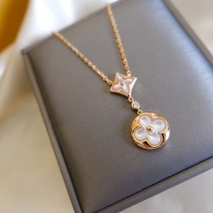 [Lunabriance]STAR AND SUN WHITE MOP 2 MOTIF PINK GOLD NECKLACE