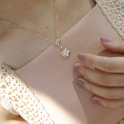 [Lunabriance]STAR AND SUN WHITE MOP 2 MOTIF PINK GOLD NECKLACE