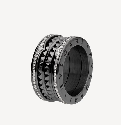 [Lunabriance]ZERO 1 ROCK FOUR-BAND BLACK CERAMIC WITH STUDDED SPIRAL AND PAVED DIAMONDS RING