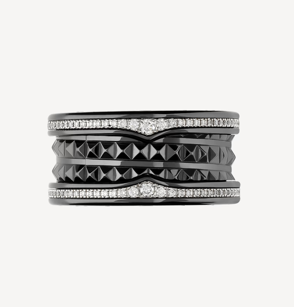 [Lunabriance]ZERO 1 ROCK FOUR-BAND BLACK CERAMIC WITH STUDDED SPIRAL AND PAVED DIAMONDS RING