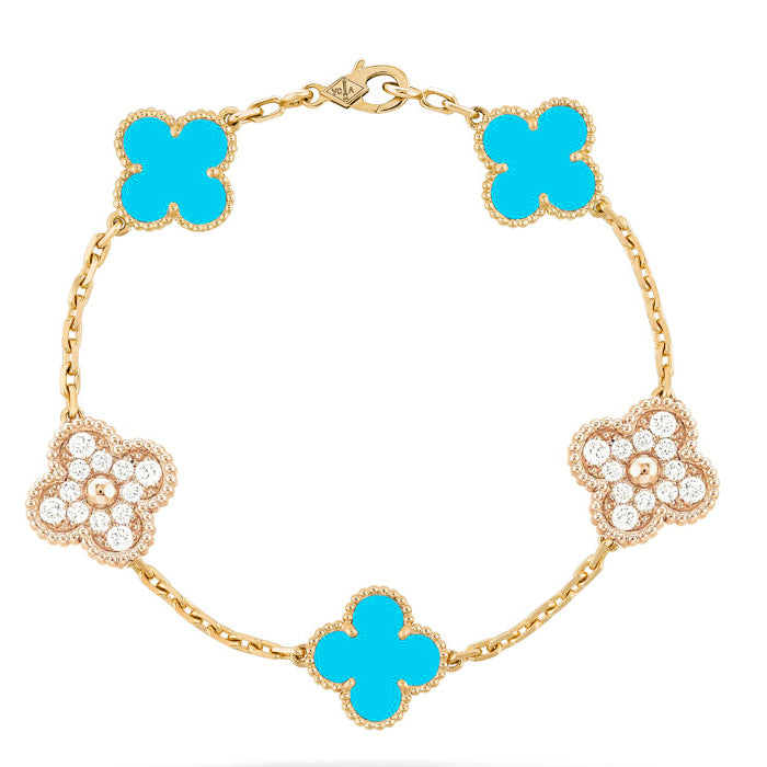 [Lunabriance]CLOVER 5 MOTIF TURQUOISE DIAMOND GOLD BRACELET