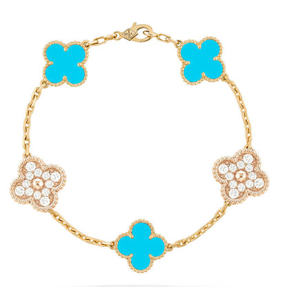 [Lunabriance]CLOVER 5 MOTIF TURQUOISE DIAMOND GOLD BRACELET