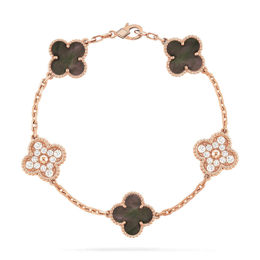 [Lunabriance]CLOVER 5 MOTIFS DARK MOP AND DIAMONDS PINK GOLD BRACELET