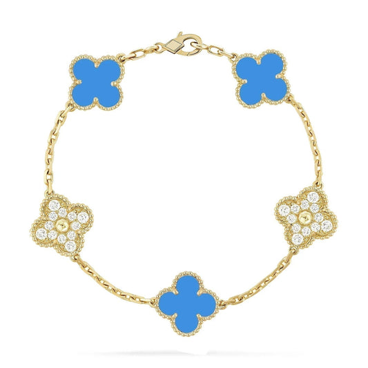 [Lunabriance]CLOVER 5 MOTIF BLUE CHALCEDONY DIAMOND GOLD BRACELET