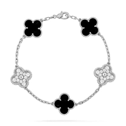 [Lunabriance]CLOVER 5 MOTIF ONYXS DIAMOND BRACELET SILVER