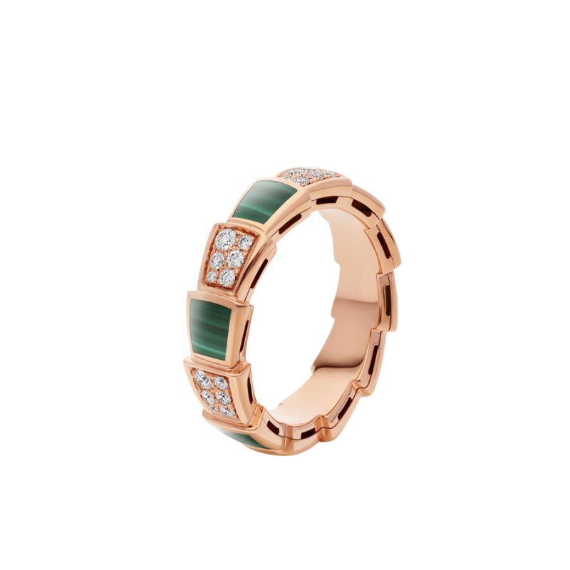 [Luna Brilliance]SERPENTI RING PINK GOLD MALACHITE DIAMOND PAVED 4MM