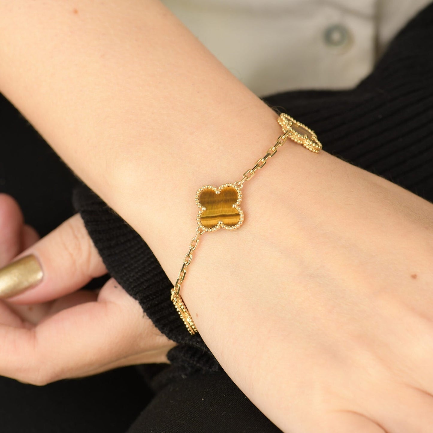 [Lunabriance]CLOVER  5 MOTIFS TIGER EYE BRACELET