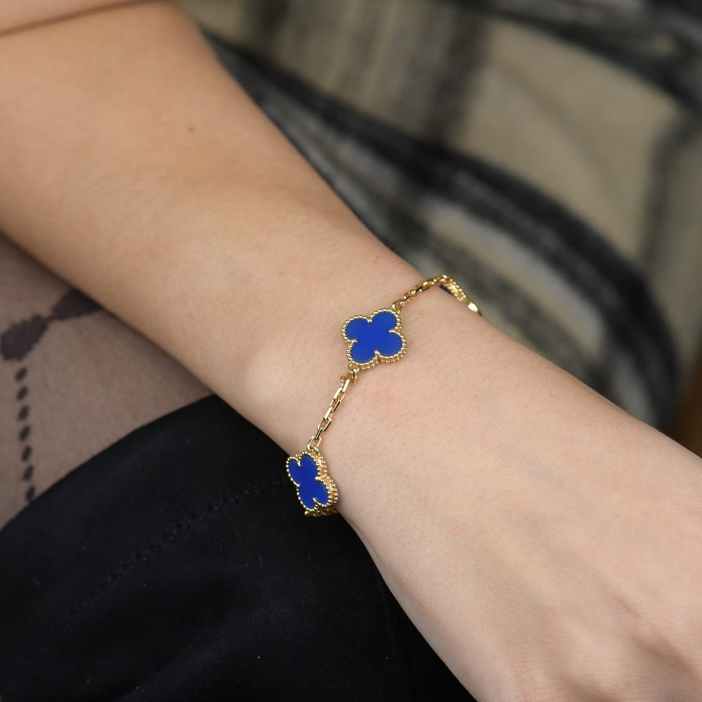 [Lunabriance]CLOVER 5 MOTIFS BLUE AGATE BRACELET