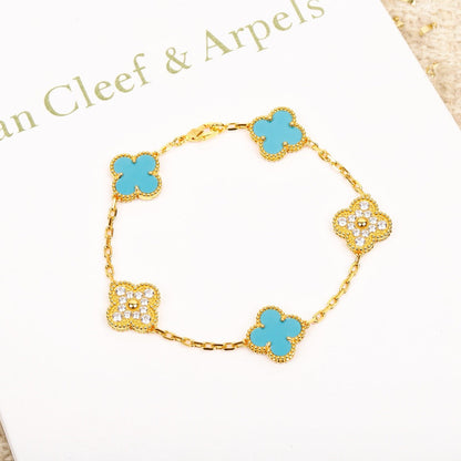 [Lunabriance]CLOVER 5 MOTIF TURQUOISE DIAMOND GOLD BRACELET