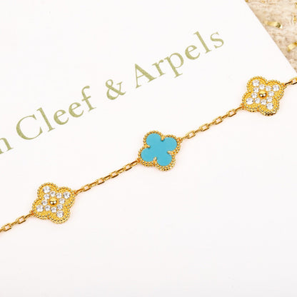 [Lunabriance]CLOVER 5 MOTIF TURQUOISE DIAMOND GOLD BRACELET