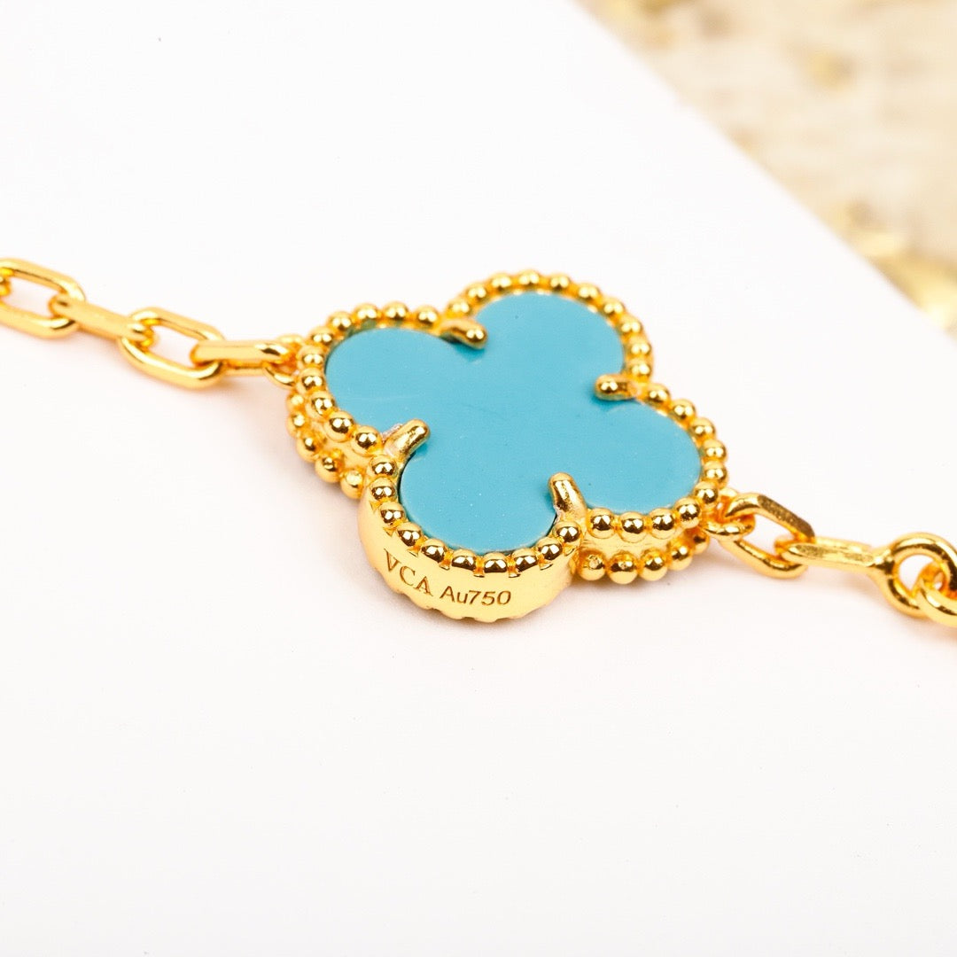 [Lunabriance]CLOVER 5 MOTIF TURQUOISE DIAMOND GOLD BRACELET