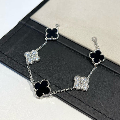 [Lunabriance]CLOVER 5 MOTIF ONYXS DIAMOND BRACELET SILVER