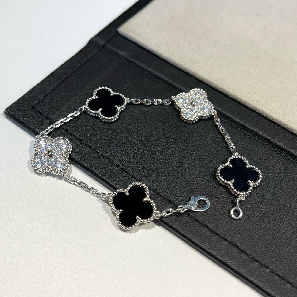 [Lunabriance]CLOVER 5 MOTIF ONYXS DIAMOND BRACELET SILVER