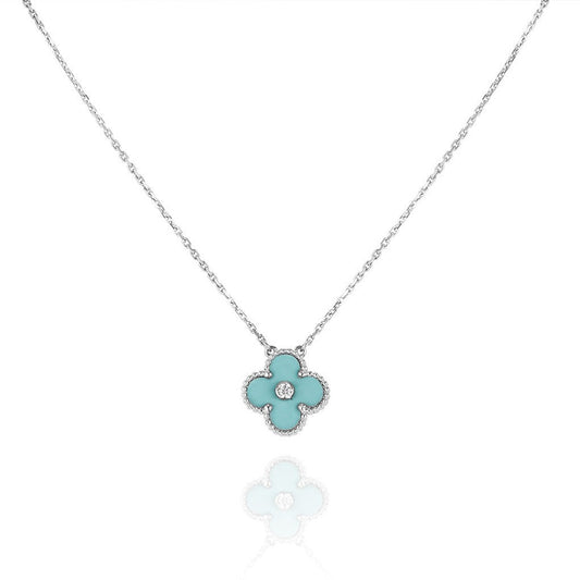 [Lunabriance]CLOVER 1 DIAMOND LIGHT BLUE SILVER NECKLACE