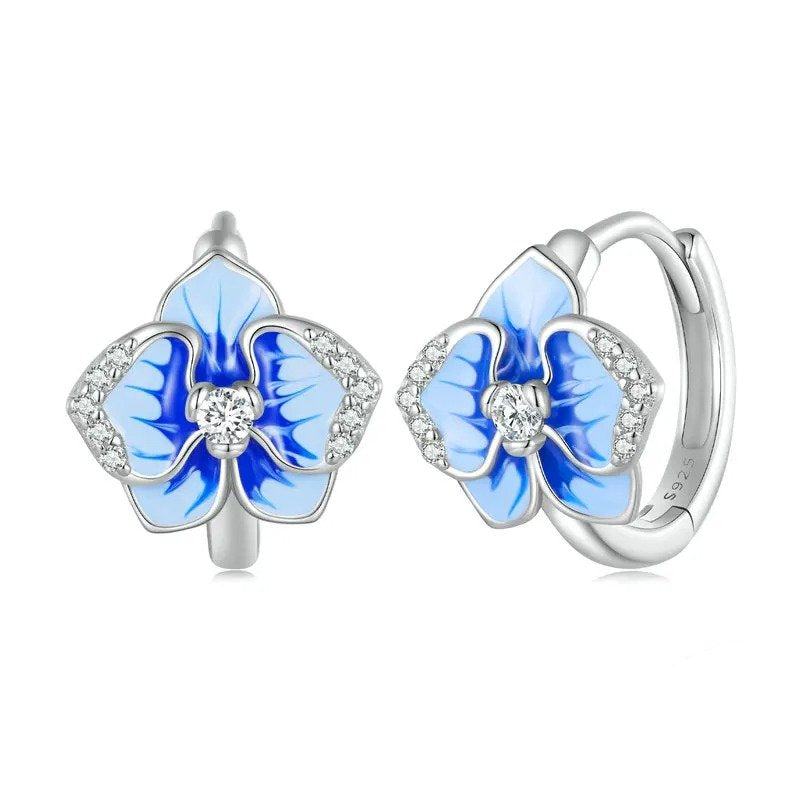 Blue Enamel Butterfly Orchid Ear Clips Phalaenopsis Flower Ear Buckles