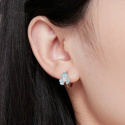 Blue Enamel Iris Ear Buckles Flower Hoop Earrings