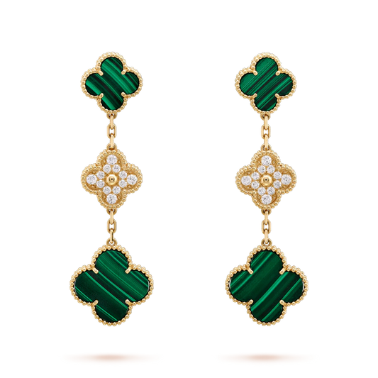 [Lunabriance]CLOVER EARRINGS GOLD MALACHITE DIAMOND 3 MOTIF