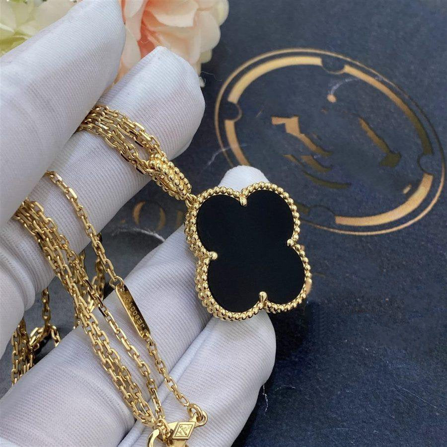 [Lunabriance]CLOVER 25MM GOLD ONYX BIG CLOVER NECKLACE