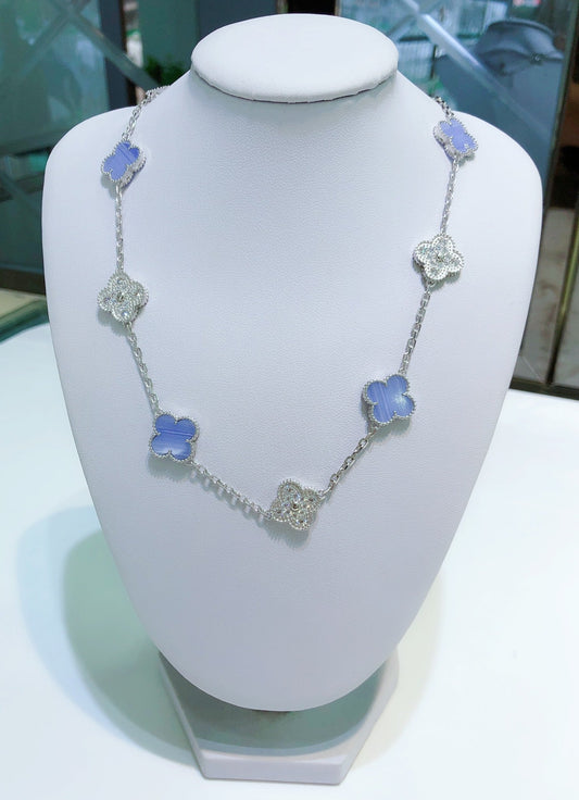 [Lunabriance]CLOVER 10 MOTIFS CHALCEDONY DIAMONDS SILVER NECKLACE