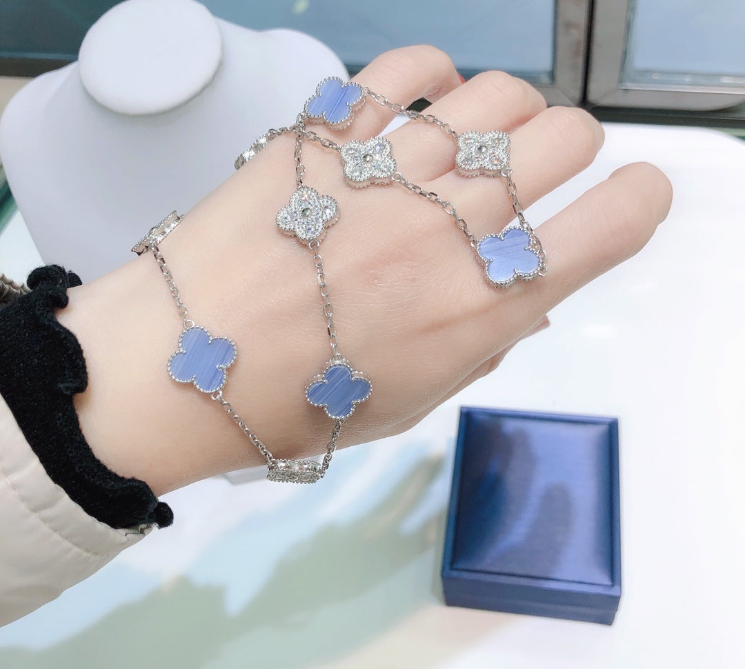 [Lunabriance]CLOVER 10 MOTIFS CHALCEDONY DIAMONDS SILVER NECKLACE